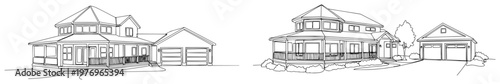 Photos Two continuous line sketches of a suburban family house with separate garage bui