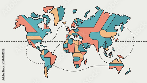 A colorful illustration of a world map with dotted lines connecting continents on a beige background