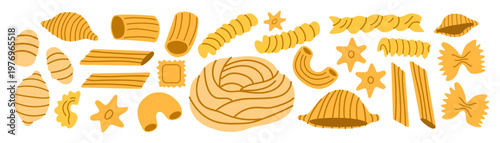 Different Italian pasta types set in cartoon doodle style. Traditional pasta shapes, penne, fusilli, farfalle, ravioli and macaroni. Vector food illustration for culinary design, stickers
