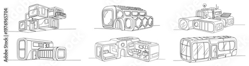 Collection of futuristic modular living capsule and habitat pod sketches