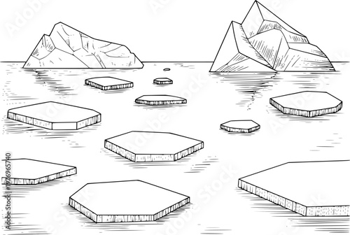 Icebergs and ice floes floating water in a hand drawn style ocean