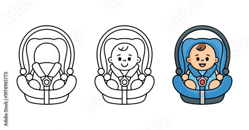 A series of baby car seats in different stages of illustration