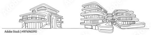 Two views of a modern organic architectural structure with flowing lines and terraces