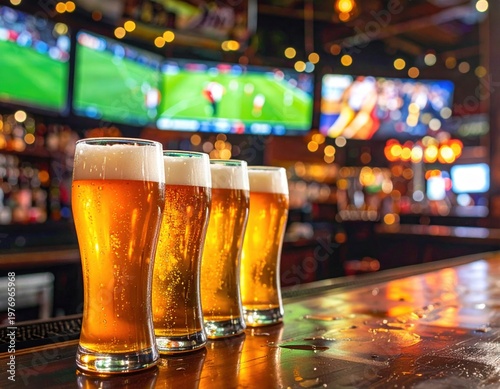 Multiple glasses of golden beer with white foam stand on a wet bar counter in a pub, with blurred sports games on television screens