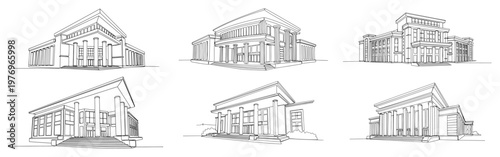 Set of classical public building illustrations with columns in minimalist continuous line art