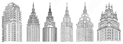 Detailed architectural line art of classic skyscrapers and luxury metropolitan buildings set