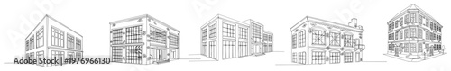 Collection of urban shop and commercial building facades in clean minimalist line art style