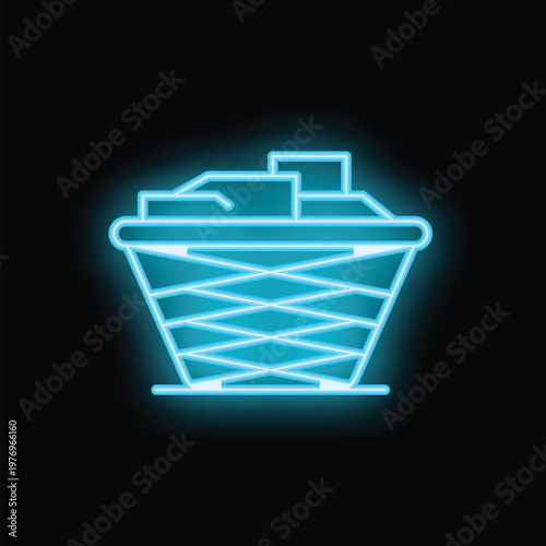 Neon laundry basket filled with clothes icon glowing on black background