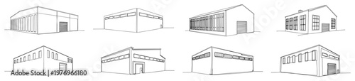 Set of industrial warehouse and storage building icons in minimalist architectural line art style