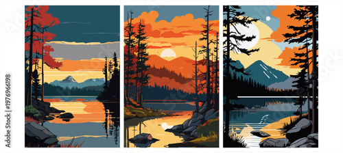 Vibrant artistic triptych featuring beautiful mountain landscapes and calm serene lakes
