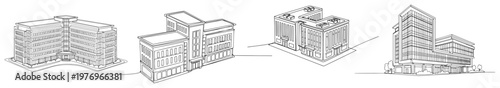 Collection of modern commercial office building designs in architectural perspective line art