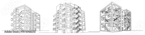 Set of architectural sketches showing modular multi story buildings with external staircases in continuous line