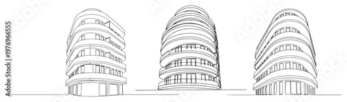 Collection of modern architectural buildings with organic curvy shapes in minimalist line art style