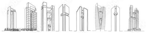 Collection of futuristic skyscraper designs and abstract urban buildings drawn in continuous line art style