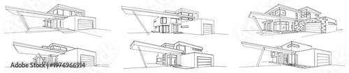 Set of modern luxury house architectural perspective sketches from different angles
