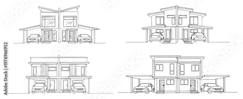 Modern duplex house architectural sketches with carports and parked cars