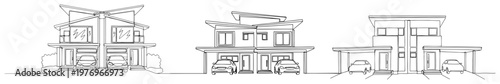 Perspective architectural drawings of modern semi detached houses with carports