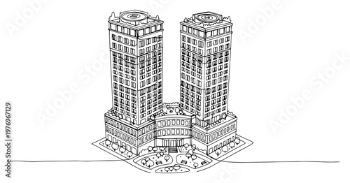 Continuous line illustration of a luxury twin tower residential complex with landscape garden