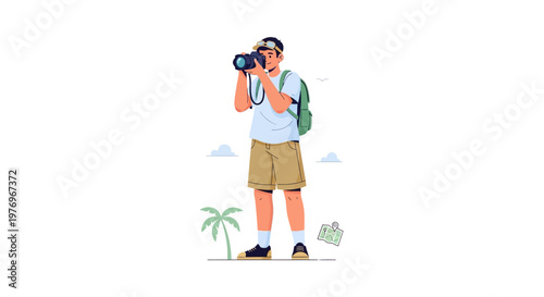Vector illustration of a male photographer taking a picture with a digital camera, wearing a backpack, in a minimalistic style with bright colors on a white background, showcasing travel