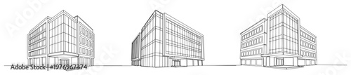 Modern glass office building architectural concepts in clean minimalist line art perspective