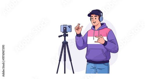 A cheerful content creator illustration shows a young man with headphones recording a video on his smartphone mounted on a tripod against a clean white background in a flat vector design