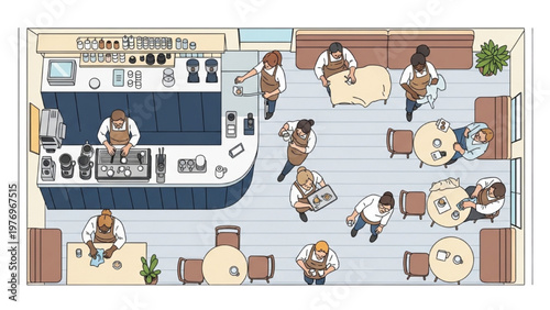 Busy restaurant interior with customers and staff in a vector CAD designed layout