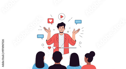 Vector illustration of a content creator character gesturing with open hands to an audience, with social media icons floating around him, conveying an enthusiastic mood against a clean