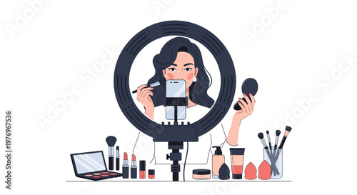 Vector art showcasing a woman applying makeup in front of a ring light, using a mirror and cosmetic brushes, presented in a flat lay composition with a clean white background and vibrant
