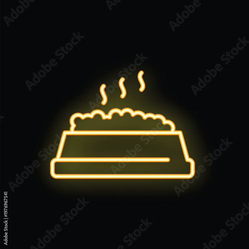 Yellow neon icon of dog food in bowl steaming on black background