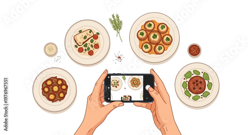Vector illustration of hands photographing various plates of food with a smartphone, arranged in a flat lay on a white background, showcasing a content creator's modern, minimalist