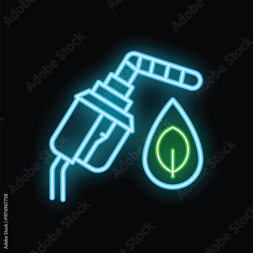 Neon sign icon of a gas pump nozzle pouring biofuel, symbolized by a bright green leaf inside a droplet