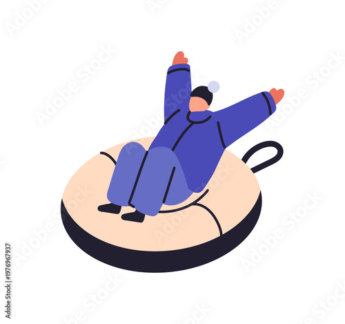 Happy kid with hands up is tubbing. Joyful child in outerwear is sledding. Boy is riding, sliding down snow slope. Person has fun in winter. Flat isolated vector illustration on white background