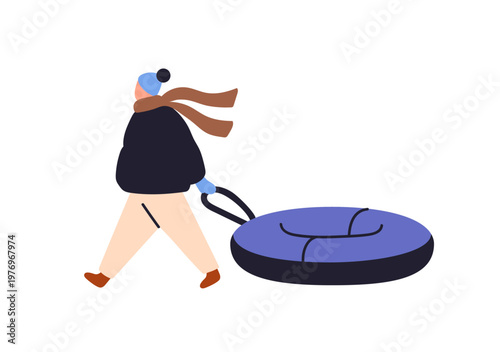 Kid in hat and scarf pulls tubbing sled. Happy child in outerwear is sledding. Joyful boy has fun riding and sliding on snow slope in winter. Flat isolated vector illustration on white background