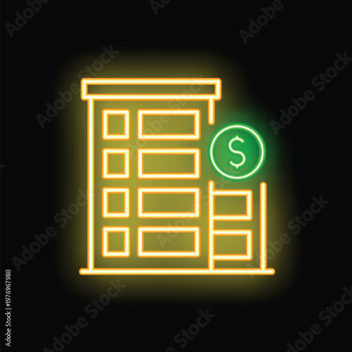 Glowing neon line icon of an office building with a dollar sign, representing profitable business and investments