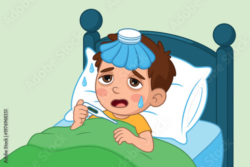 A young boy lies in bed with a fever and a cold