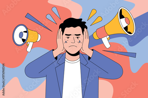 A stressed man covering his ears from loud megaphone speakers