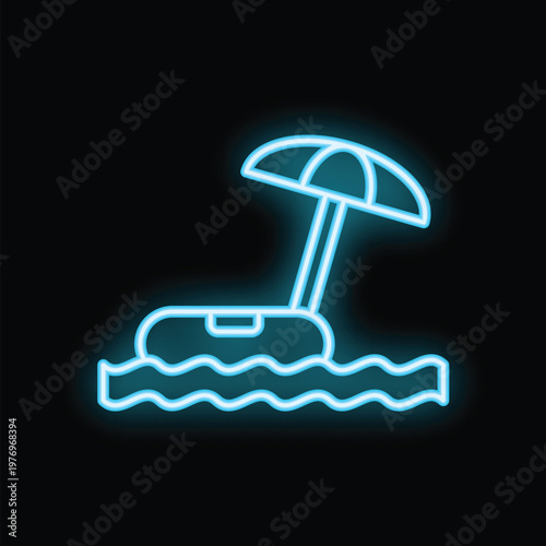 Blue neon sign depicting relaxing summer vacation on black background