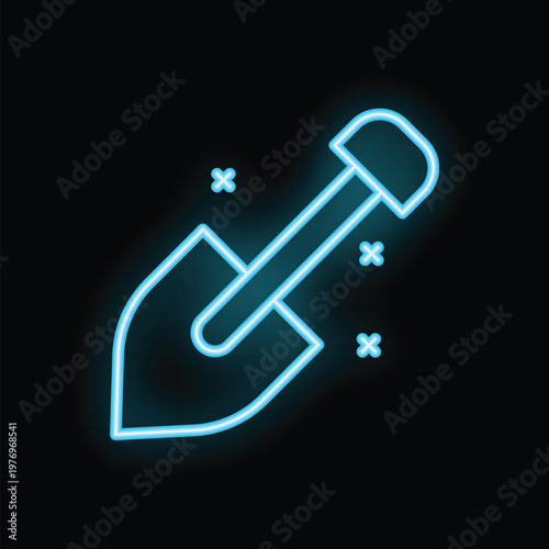 Blue neon shovel glowing on a black background representing concepts such as construction, gardening and digging