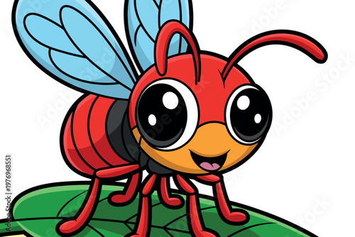 A cartoon bee with big eyes is standing on a green leaf