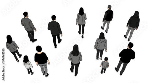 People walking together in a group vector CAD illustration