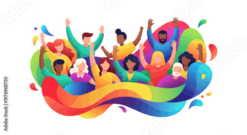 A diverse group of vector characters raising their arms in celebration of humanity, symbolizing unity and hope against a white background with colorful, flowing designs, conveying a sense
