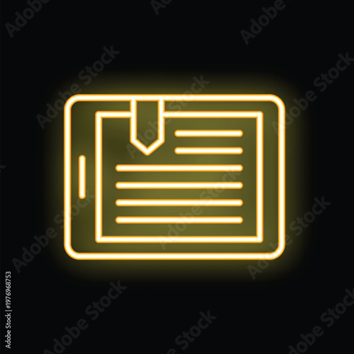Neon yellow e reader is displaying an e book with a bookmark, on a black background