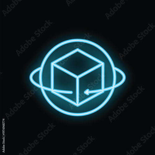 Neon blue icon of a 3d modeling software cube rotating in space with an arrow symbol