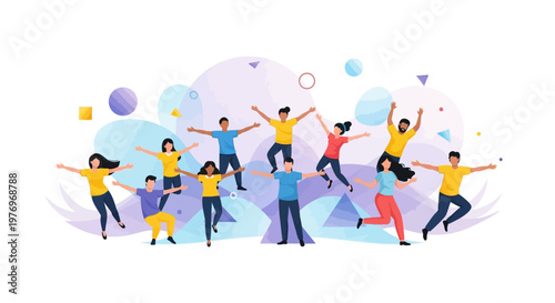 Fotografi Vector illustration showing diverse people celebrating together, with arms raise