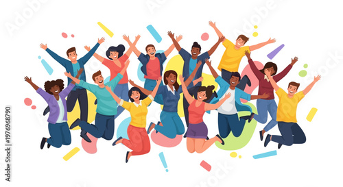 A diverse group of cheerful people joyfully jumping together, celebrating unity and hope with their arms raised in a vector illustration against a clean white background