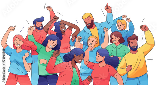 A diverse group of people celebrating unity and freedom, shown in a bright vector illustration with characters raising their fists, expressing hope and togetherness against a clean white
