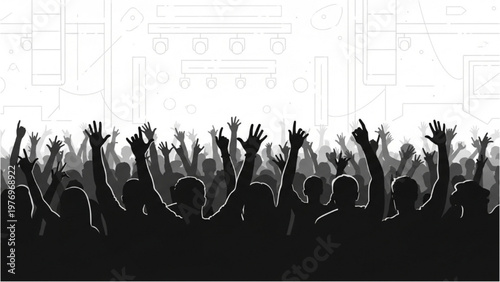 People raise hands in vector CAD designed concert crowd scene