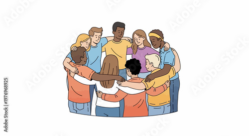 A diverse group of people, depicted in a vector illustration, are standing together in unity, arms around each other, symbolizing cooperation and support on a white background