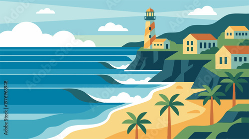 Vibrant Coastal Landscape with Lighthouse, Beach, Palm Trees, and Houses