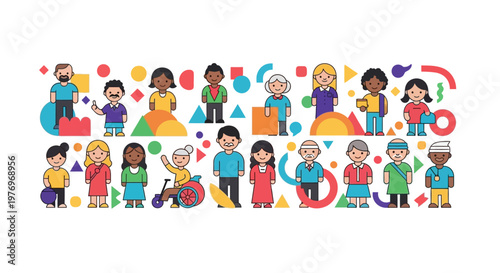 Colorful vector art featuring diverse people standing together with geometric shapes and a flying bird, symbolizing freedom and unity against a clean white background, conveying a sense